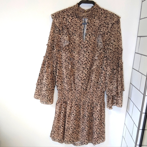 Parker Elliana Smocked Animal Print Leopard Blouson Mini Dress - Picture 1 of 7